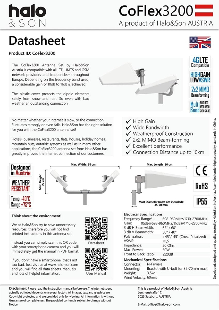 CoFlex3200-4G MIMO Richtantenne 9-10dBi (20dBi) B-WARE - Halo&Son Austria